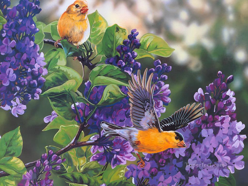 oiseaux et fleurs violettes Peintures à l'huile